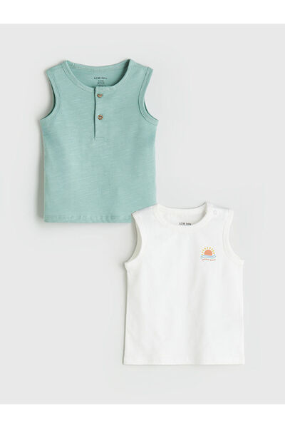 LC Waikiki Ecru Crew Neck Printed Baby Boy Undershirt, Pack of 2