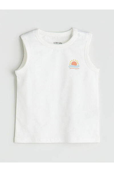 LC Waikiki Ecru Crew Neck Printed Baby Boy Undershirt, Pack of 2