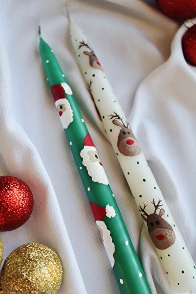 Ca.Gi El Boyaması Noel Baba & Geyik & Yılbaşı & Noel Desenli 2Li Şamdan Mum S...