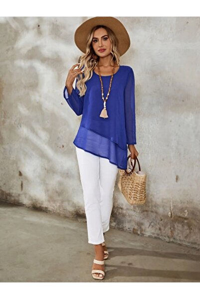 MODA Eyesof Women's Long Sleeve Round Asymmetric Detail Chiffon Blouse