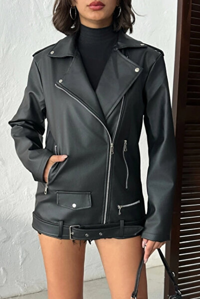 Jaglion Dámská černá kožená bunda Elvera ZR Oversize Long