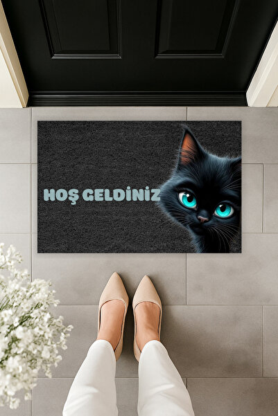Dormot سجادة مدخل باب على شكل قطة سوداء مع عيون زرقاء مدخنة بطباعة رقمية حديث...