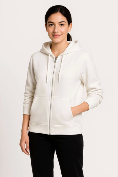Giyimodam Three Thread Hooded Full Zipper Kangaroo Pocket Sweatshirt Hoodie - White
