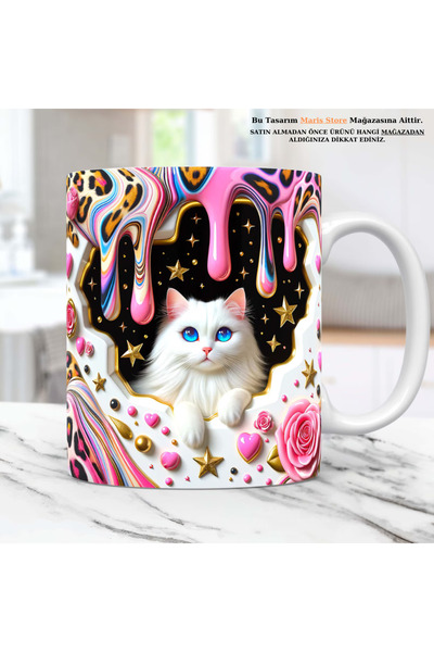 MARİS STORE Pink Kitten Printed 3D Effect Gift Mug