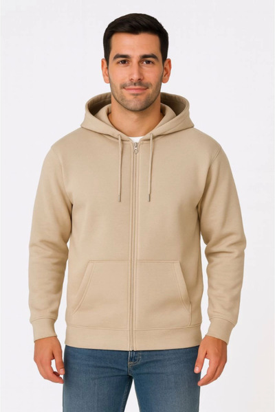 Giyimodam Men's Three Thread Hooded Full Zipper Kangaroo Pocket Sweatshirt Hoodie - Beige