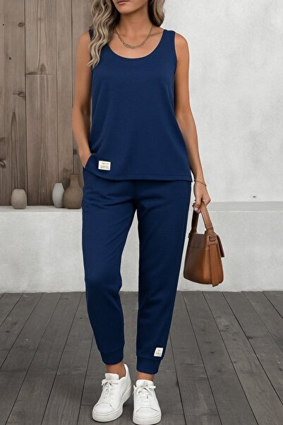 Giyimodam Women's Strappy Round Neck Viscose Two Thread Blouse and Sweatpants Double Set