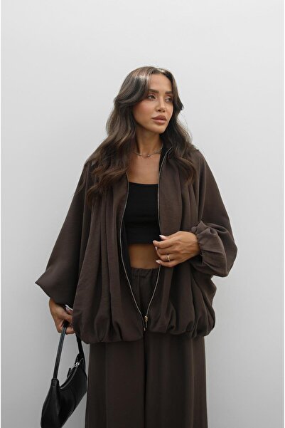 Havoş Hnědá bunda na zip s netopýřími rukávy