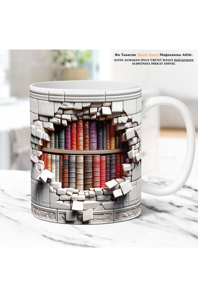 MARİS STORE Modern Library Bookshelf Printed 3D Effect Gift Mug