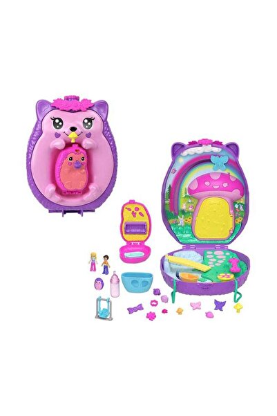 Polly Pocket 2-in-1 Travel Playset - Mom & Baby Hedgehog Purse with 2 Micro Dolls and 16 Accessories