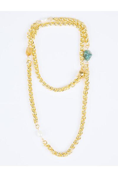 Jimmy Key Gold Color Natural Stone Detailed Adjustable Charm Necklace