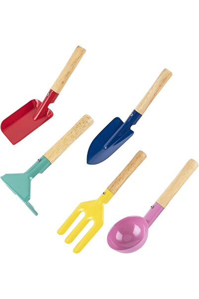 erorex Kids Gardening Set Sturdy Wooden Handle 5 Pcs Beach Sand Tools: Spoon Fork Rake Flat Shovel Pointed