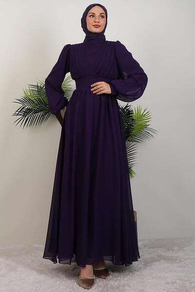 GİYZAMİLA Stylish Pleated Chiffon Dress Purple