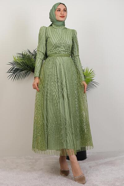 GİYZAMİLA Ezna Simli Abiye Fıstık Yeşil