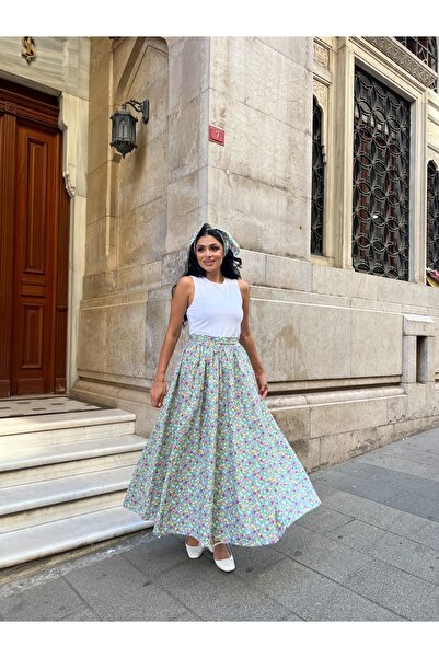 KÜÇÜĞÜM BUTİK Fusta poplin evazată cu flori verde mentă
