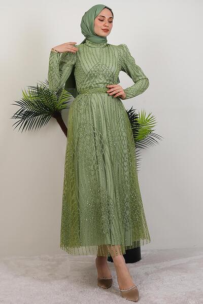 GİYZAMİLA Ezna Simli Abiye Fıstık Yeşil