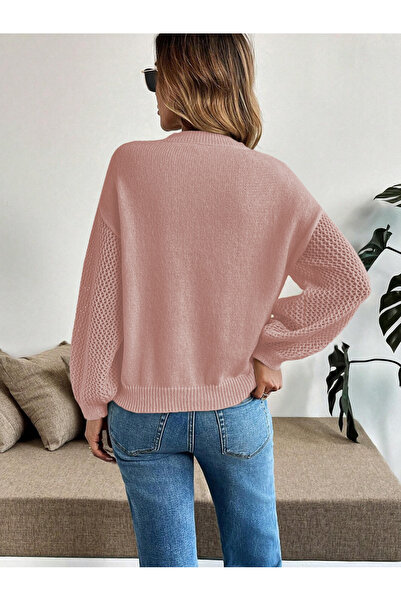 citystyle Γυναικείο πλεκτό πουλόβερ με διάτρητο μοτίβο στο λαιμό και στα μανίκια, πλεκτό με πλέγμα μαλλιών, πλεκτό πουλόβερ σε πούδρα