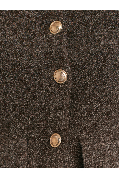 Dilvin 60265 Πλεκτό πουλόβερ με λαιμόκοψη με κουμπιά και λεπτομέρεια τσέπης-Καφέ