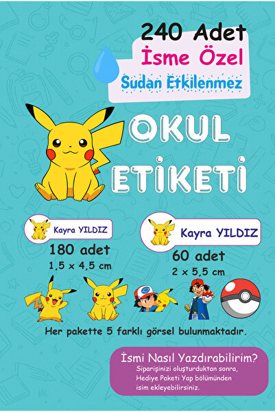Genel Markalar Pikachu Okul Etiketi 240 Adet Kalem Defter Kitap Suluk Sticker...