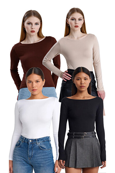 Qimono Boat Neck Long Sleeve 4-Piece Ball-Black White Cream Brown