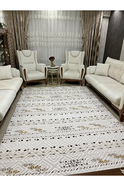 osmanlı home Pamuk,Yıkanabilir lastiksiz halı örtüsü yıkanabilir leke tutmaz krem kahve geometrik desen 6m2