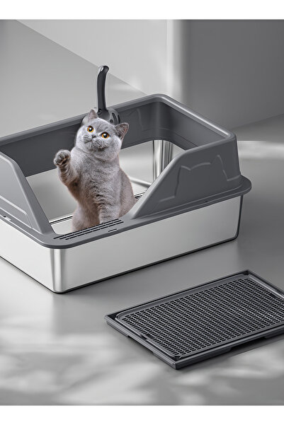 KidLe Stainless Steel Cat Litter Box Cat Litter Tray for Multiple Cats Anti Splashing and Easy Clean