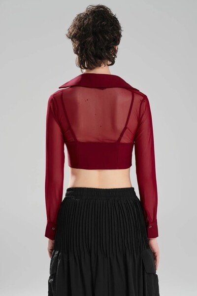 tw3 Women's Tulle Design Crop Blouse with Corset Detail at Waist