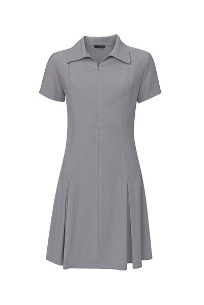 Sezgi Tekin Γκρι φόρεμα με γιακά πουκάμισου και φερμουάρ μπροστά