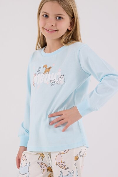 Rolypoly Kadın Kedi Baskılı Anne Kız Pijama Takımı