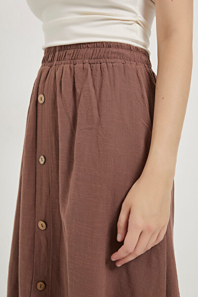 Arma Life Women's Buttoned Elastic Waist Summer Brown Long Skirt