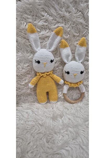 El Emeği Sevinli sarı tavşan ve çıngıraklı oyun arkadaşı örgü dogal hediyelik eşya