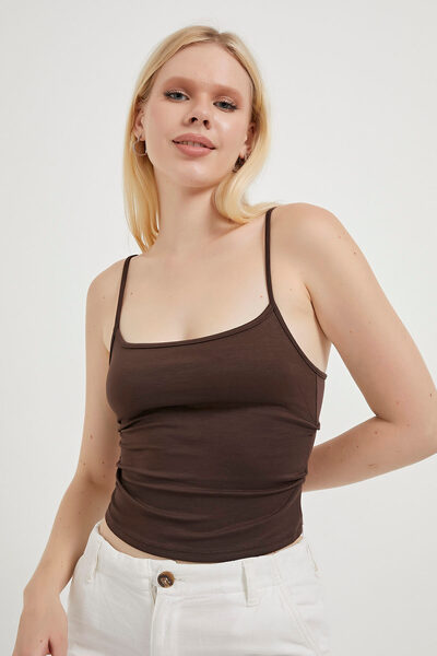 Arma Life Kadın Yanı Büzgülü İnce Askılı Dar Kahve Crop Body