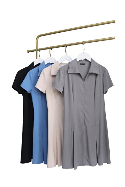 Sezgi Tekin Γκρι φόρεμα με γιακά πουκάμισου και φερμουάρ μπροστά