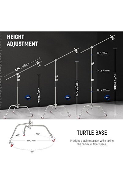 NEEWER Heavy Duty Light Stand, Metal 11.15ft/3.4m Adjustable Photography Tripod C Stand with Boom Ar