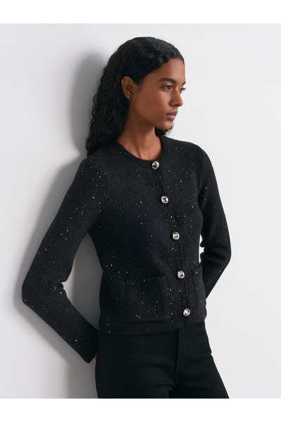 Dilvin 60935 Crew Neck Sequin Glitter Button Knitwear Cardigan-Black