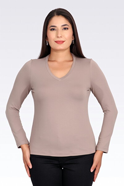 TOLGA SARAÇOĞLU 11105 Tricou cu mânecă lungă, cu decolteu în V, bej