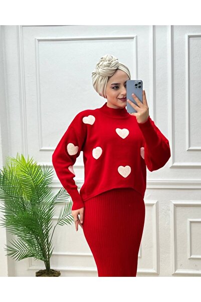 Giyimsel KADIN TRİKO KALPLİ JİLE ELBİSE KAZAK TAKIM
