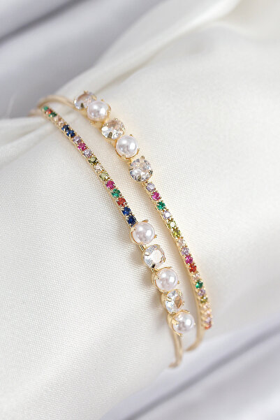 STİLLOVE سوار نسائي من النحاس مرصع بحجر الزركون واللؤلؤ موديل ذهبي اللون