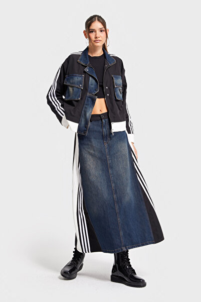 its basic Kadın Kot Rengi Parçalı Kumaş A Tipi Kesim Şerit Detaylı Özel Tasarım Etek