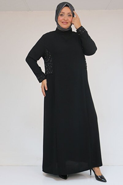 Eslina 52013 Plus Size Crepe Dress with Stone Detail - Black