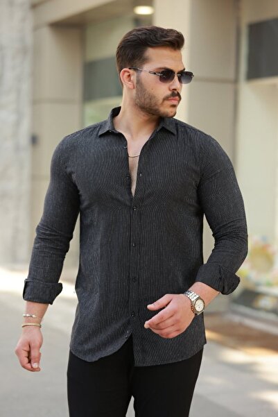 Genel Markalar Erkek çizgi Desenli Uzun Kollu Pamuklu Keten Gömlek