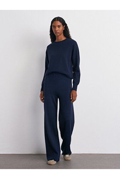 Dilvin 70163 Navy Blue Elastic Waist Woolen Knit Pants.