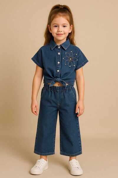 ibeeka Girl's Daisy Applique Detailed Denim Waist Tie Top - Jeans Pants Bottom Top Set 2 Pieces
