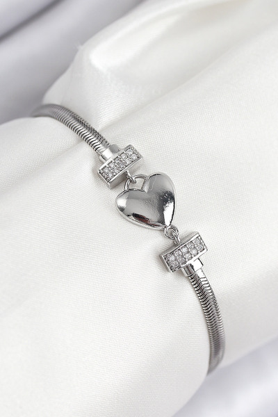 STİLLOVE Brass Zircon Stone Heart Model Silver Color Women's Bracelet