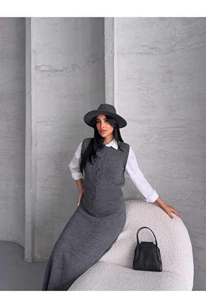 Housess Women's Button Detailed Vest and Skirt Bottom Top Double Knitwear Set