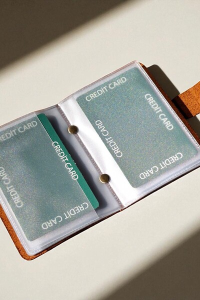 MAT Deri Tan Card Holder Genuine Leather Transparent Inside 10 Compartments Small Card Holder Gift Business Card Holder 9 X 7 cm