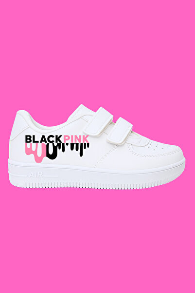 MECH BUTİK Pantofi pentru copii cu velcro alb cu imprimeu Blackpink