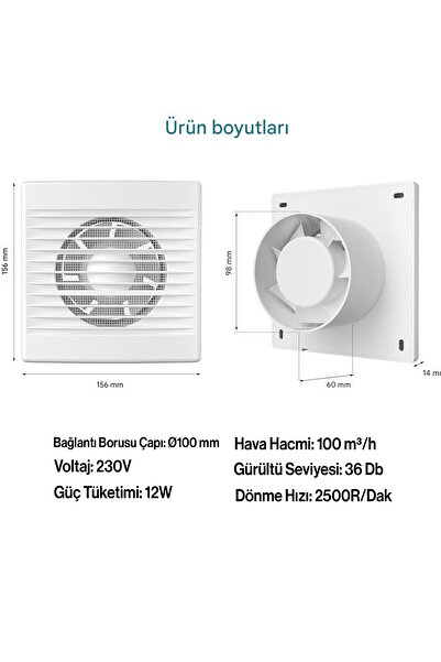 NZB Banyo Wc Mutfak Büro Aspiratörü Elektrikli 100 mm Havalandırma Fan Kirli Hava Kötü Koku Egzoz Fanı