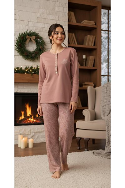 Nena طقم بيجامة شتوية من القطن بنسبة 100% بأزرار نصفية