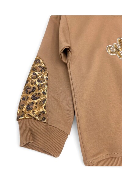 Ege Bebek Girl's Full-Length Stylish Tracksuit Set with Leopard and Lace Detail, 2-Piece Seasonal Compact Wide-Legged Tracksuit Set