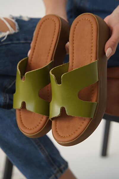 ripuvainen Elvish Women's Lightweight Comfortable Summer Genuine Leather Slippers - Khaki Green